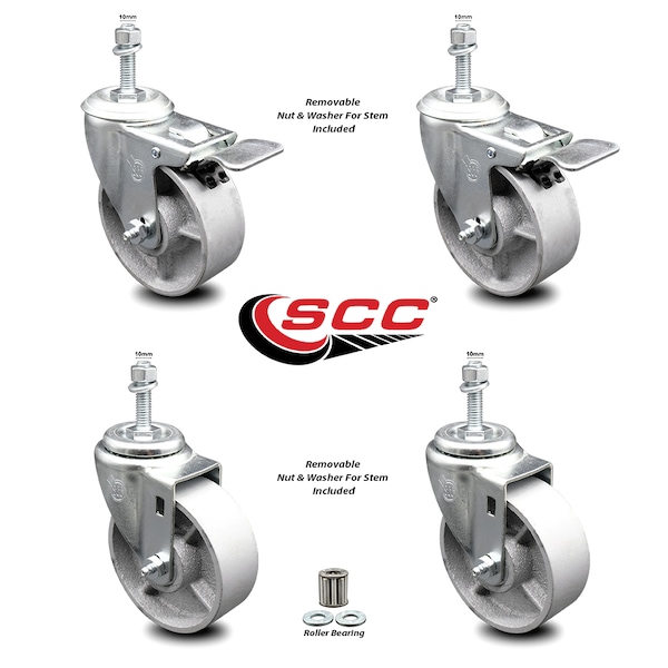 Service Caster Semi Steel Swvl TS Caster w/Roller Bearing-4"Wheels&10MM Stems-2 w/TTL BRK, 4PK SCC-TSTTL20S415-SSR-M1015-2-S-2 - main